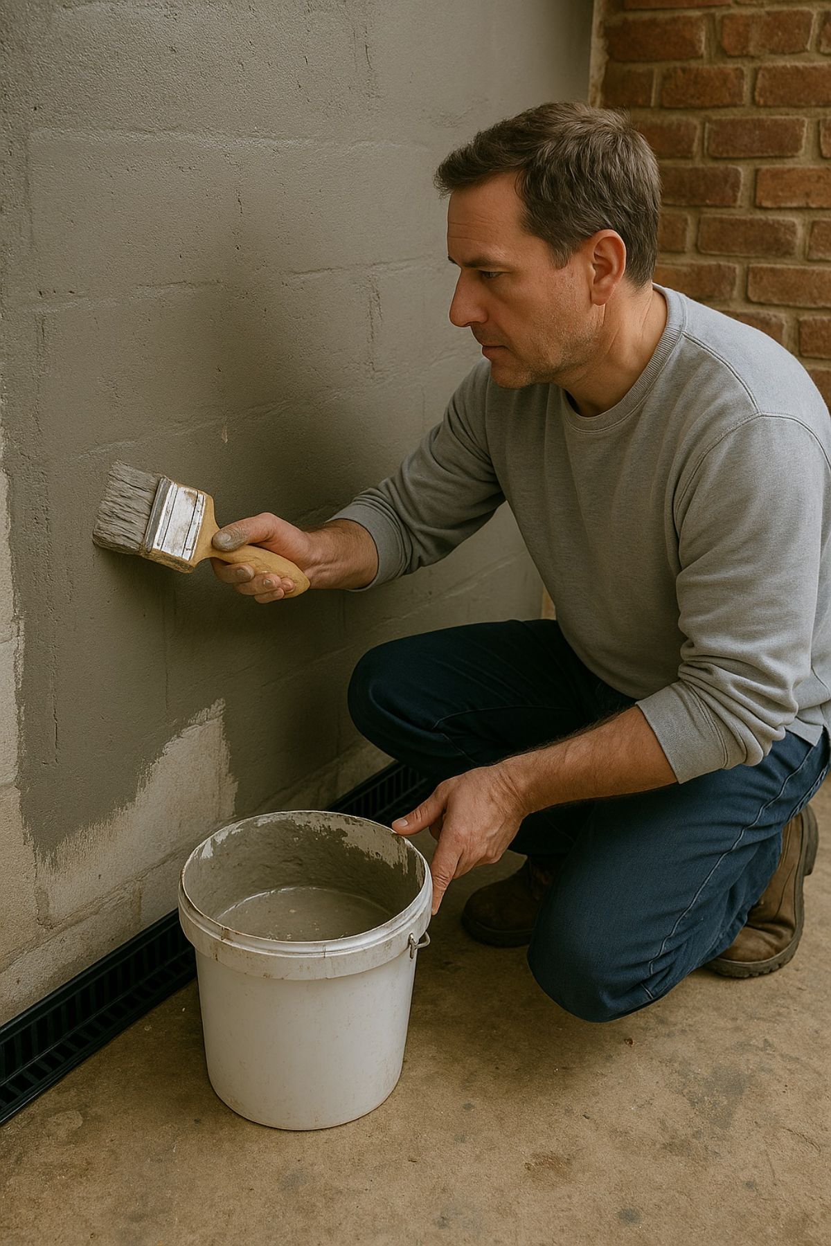 RB Waterproofing Ltd contractor applying professional basement waterproofing solution to wall in Kensington home